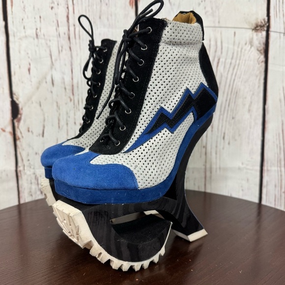 JEFFREY CAMPBELL Blue Suede Mesh high top sneakers wood & rubber platforms 6.5 - Picture 11 of 17